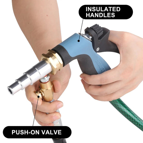 Pro Grade Water Heater Cleaning And Flushing Tool Gun with Air Adjustable Pressure Sprayer, insulated handles, and push-on valve.