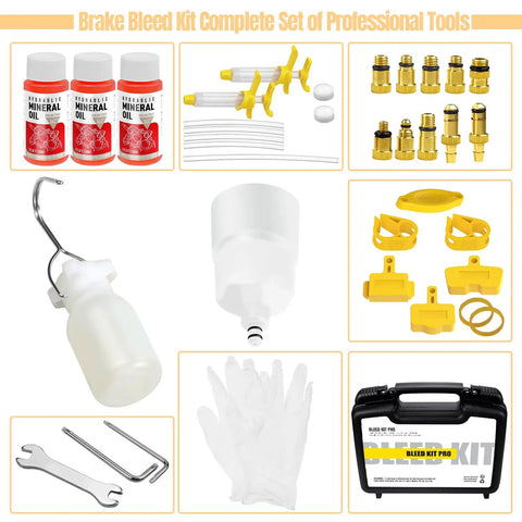 All In One Pro Grade Hydraulic Brake Bleed Kit For Disc Brakes Ready To Go With 180 Ml Mineral Oil Included, Metal Adapters, Flexible Hoses, Piston Stoppers, Flow Stoppers, Wrenches And More For MTB And Road Bikes