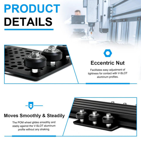 No Sweat 2080 V Slot Gantry Plate Kit 2 Pack showing POM wheels and adjustable eccentric nut for aluminum profiles.