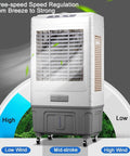 Portable Evaporative Air Cooler With Oscillating Louvers And Boosted Airflow Lightweight Whisper Quiet Mist Fan For Living Room Or Garage To Beat The Summer Sweat with three-speed settings and wheels.