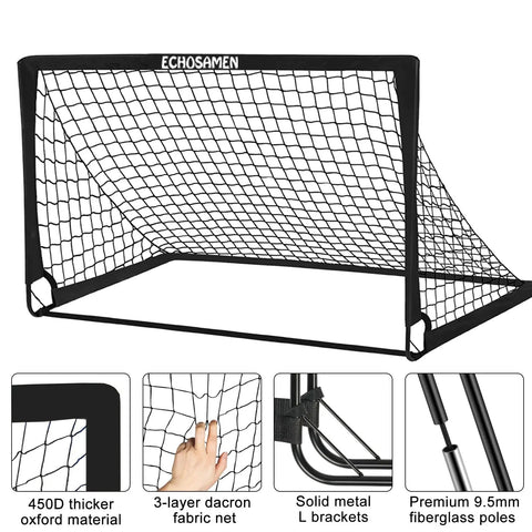 Backyard Kids Soccer Goal Set Two 6x4 Ft Portable Soccer Nets with 450D Oxford fabric, 10mm fiberglass poles, and metal L brackets