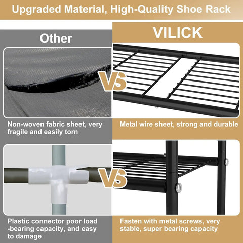 Comparison of upgraded metal frame in Four Tier Metal Shoe Rack Organizer, 33 Inch Wide With Four Side Hooks, Heavy Duty Shoes Shelf.