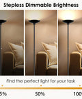 Torchiere LED Floor Lamp 70 Inch Tall Stepless Dimmable Pole Lamp With 3600 Lumens at 3000K next to a sofa in various light settings.