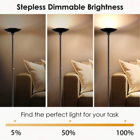 Torchiere LED Floor Lamp 70 Inch Tall Stepless Dimmable Pole Lamp With 3600 Lumens at 3000K next to a sofa in various light settings.