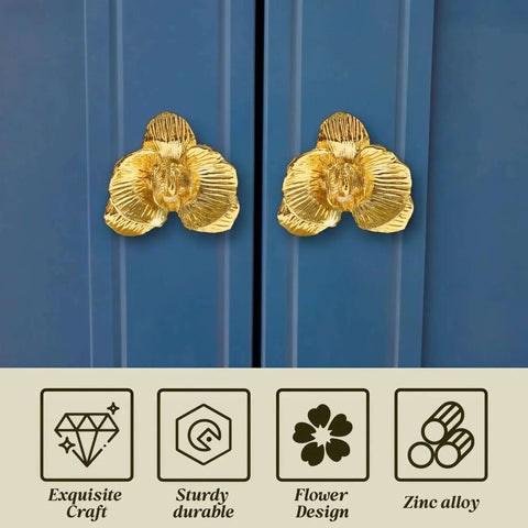 Six Piece Gold Cabinet Knobs Set With Flower Shape Zinc Alloy Vintage Pulls on blue cabinet doors