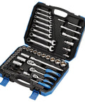 Six Point Socket Set With One Quarter Inch, Three Eighths Inch And One Half Inch Square Drive Metric Tool Kit in blue case.