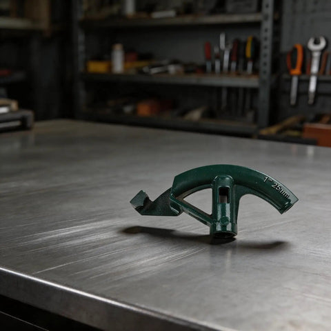 Fabuetta 1 Inch Manual Pipe Bender Carbon Steel Tube Bending Tool resting on metal table, ergonomic design for smooth operation.