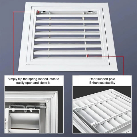 Solid Heavy Duty Louvered Return Air Grille And Access Hatch Panel Wall Ceiling Vent with spring latch and support pole for stability.