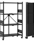 4-Tier Folding Metal Storage Rack With Wheels No-Assembly Heavy Duty Shelving Unit 600 Lb Capacity Collapsible and Mobile Organizer for Kitchen Pantry Bathroom and Closet Easy Setup, folded and open