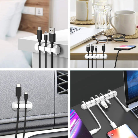 White Cable Clips Cord Organizer Set 2 Pack Wire Management Clips For Desk Car Home Office USB Cable Holder With 5 Slot And 3 Slot Options Adhesive Mount Tidy Cables No More Cable Chaos Or Tangling displayed on desk and car surfaces