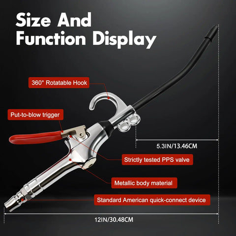Pro Grade High Volume Air Blow Gun With Aluminum Guard for quick dust blow off and debris cleanup, showing size and features.