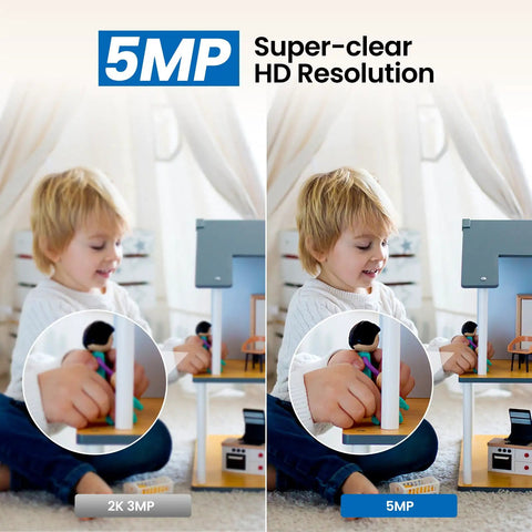 Child playing captured by 2K Indoor Security Camera With 360 Degree Pan Tilt, 2.4Ghz WiFi, Two Way Audio, Nanny Cam quality comparison.