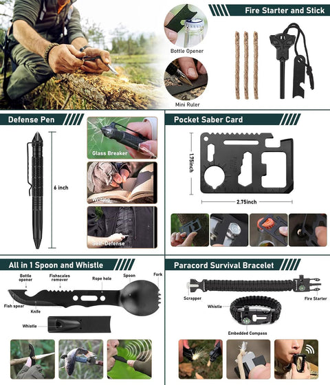 Survival kit with 262 pieces including fire starter, multi-tool, paracord bracelet, spoon/whistle, and pouch