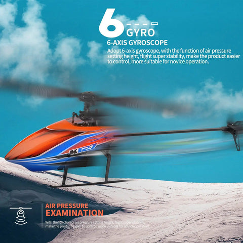 4 Channel RC Helicopter K127 With 6 Axis Gyro flying against a mountain backdrop, displaying stability with altitude hold features.