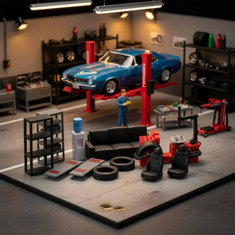 Top Shelf Miniature Vehicle Repair Shop Scene Featuring Resin Seats And Tire Balancing Machine For Collectible Scale Dioramas And Knockout Model Garage Displays in detailed workshop layout.