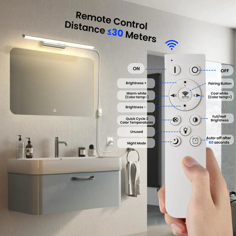 22 Inch Dimmable LED Vanity Light For Bathroom With Three Color Temperature Options 3000K 4000K 6000K Remote With Memory Plug In Wall Mount Fixture For Cabinet Mirror Lighting next to a bathroom sink and remote control in hand
