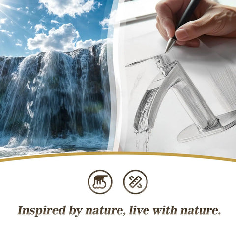Concept sketch of Brushed Nickel Single Handle Waterfall Bathroom Faucet With 6 Inch Deck Plate Metal Pop Up Drain And cUPC Water Supply Lines Sleek Dope Bath Upgrade For 3 Hole Or 4 Inch Setup next to a natural waterfall background.