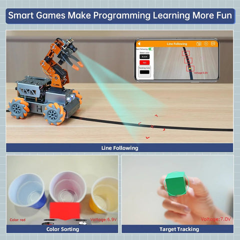 Toy HIWONDER 5DOF AI Vision Robotic Arm kit on orange-wheeled chassis; line-following demo via smartphone app.