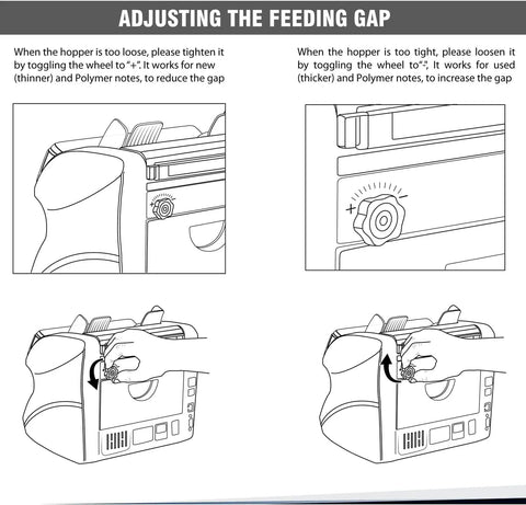 Instructions for adjusting the feeding gap on DeTect Dt600 Professional Bank Grade Money Counter Machine.