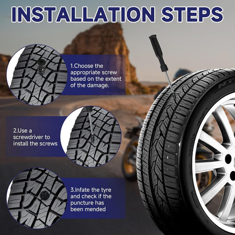 Installation steps for 60 Piece Tire Repair Kit With Rubber Plugs And Spiral Screws, DIY Friendly Self Service Patch Kit For Cars, Motorcycles, Trucks And Tractors, Quick Fix For Punctures, Includes 30 Small And 30 Large Plugs displayed on a tire with screwdriver