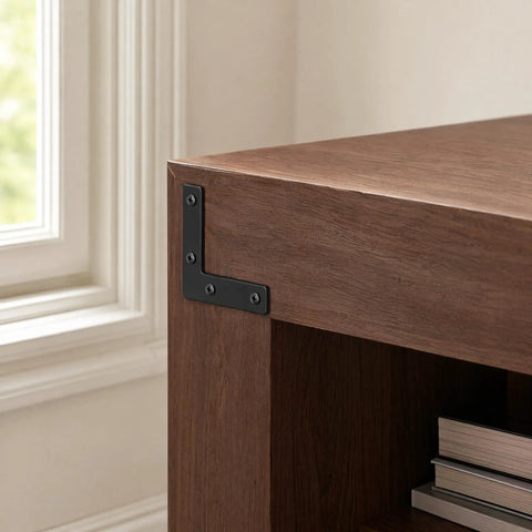 Flat Corner Braces For Wood Frames, 20 Piece Kit With L Brackets And Mending Plates, installed on wooden furniture corner