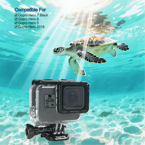 Waterproof Dive Case For GoPro Hero 7 Black, Hero 6, Hero 5 And 2018 Action Cameras underwater with turtle in view