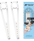 Adjustable Cat Door Latch With Stabilizer Blocks Sneaky Pups Or Jumping Kids From Litter Boxes two white latches with cat ears design.