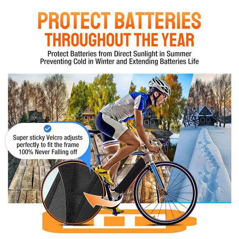 Cyclist using Thickened Battery Cover For Electric Bicycles Ebike Frame Protector, showcasing seasonal and weather protection benefits.