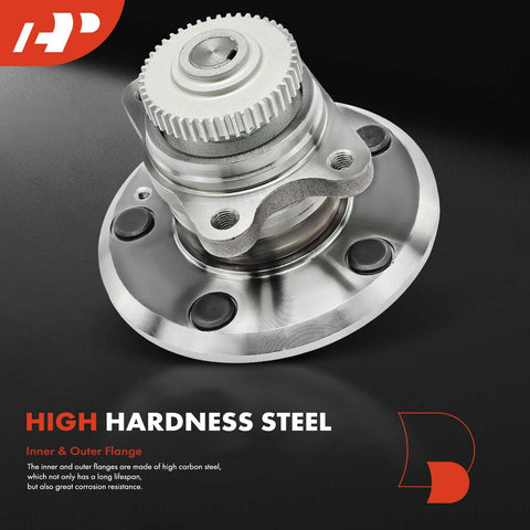 Rear Wheel Bearing And Hub Assembly With ABS Ring For Hyundai Sonata 2006 To 2009 And Kia Optima 2006 To 2010 5 Lug Compatible High Load Ball Bearing Replacement For Your Ride, front view showing high hardness steel with inner and outer flange.