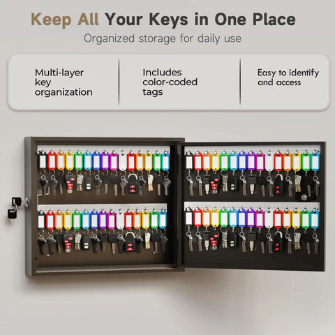 60 Key Lock Box With Anti Pry Recessed Door, Steel Key Cabinet with keys and color-coded tags on wall