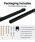 Packaging contents for Dope Wall Mounted Golf Club Rack With 8 Clips And Golf Ball Display, Wooden Organizer parts and screws.