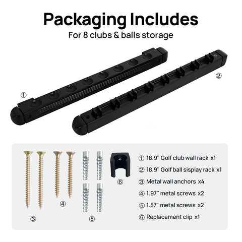 Packaging contents for Dope Wall Mounted Golf Club Rack With 8 Clips And Golf Ball Display, Wooden Organizer parts and screws.