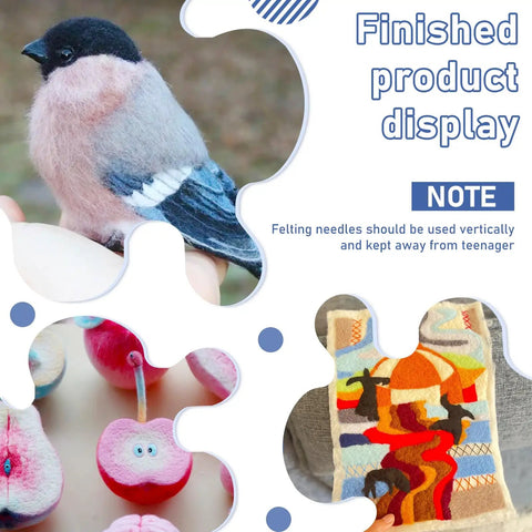 Felting Kit for DIYers and Crafters Includes 6x6 Felt Pad, 40 Assorted Needles in 36 38 and 40 Gauge, finished felt creations display