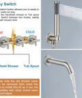 Brushed Nickel Wall Mount Tub Filler With 3 Handles Handheld Shower Waterfall Spout Valve Trim Kit High Flow Rate Tub Faucet Set diagram