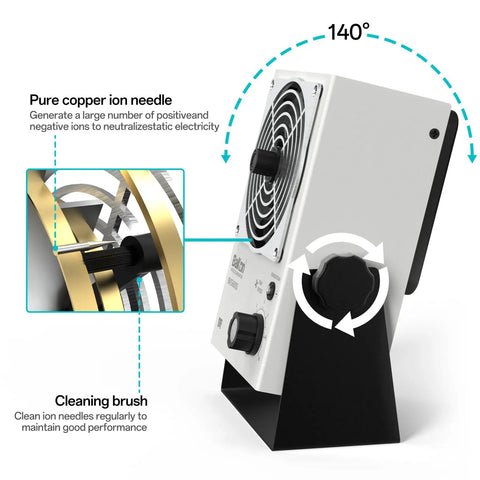 Anti Static Ion Fan Neutralizer For Electronics Manufacturing And Lab Use showing ion needle and cleaning brush