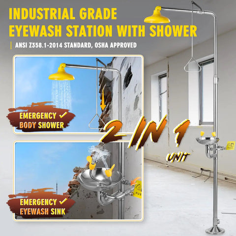 Shop Floor Tested Emergency Shower And Eye Wash Combo OSHA Approved ANSI Standard 304 Stainless Steel Wall Mount With Bold Caution Decal Top Shelf Safety Gear Built For Industrial Workplaces And Retail Shops