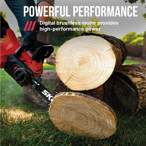 No Fuss 40v Cordless Chainsaw With Brushless Motor And Auto Lubrication Features cutting through logs on grass.