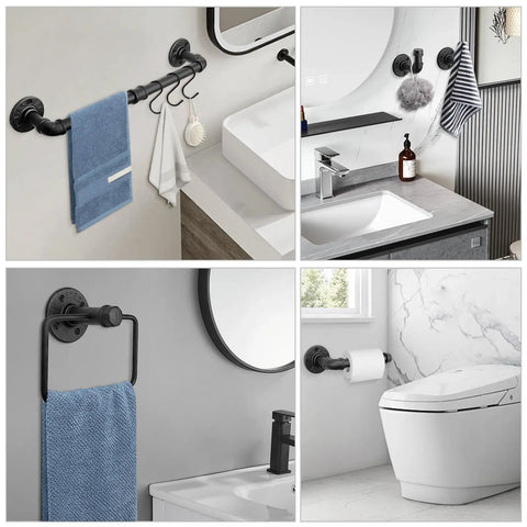 Five Piece Industrial Pipe Bathroom Accessories Hardware Kit For Wall Mounting Includes 18 Inch Towel Bar Towel Ring Toilet Paper Holder And Two Robe Hooks Black Rustic Finish For A Sleek Farmhouse Bath displayed in various bathroom settings