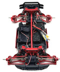 All Metal Shock Tower Assembly With Beefy Front Rear Swing Arms And Rock Hard Steel Hub Carrier Link Rods Designed For 1/10 Scale Rc Rigs In Sharp Red Upgrade Set viewed from above showing red shock tower and components.