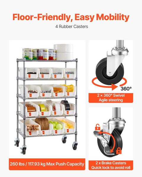 5 Tier Rolling Bin Storage Rack With 16 Organizer Bins, Heavy Duty Wire Shelving On Casters, Mobile Tool Organizer.
