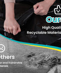 Hands holding black extra large moving bags with zipper and handles, highlighting high quality recyclable materials.