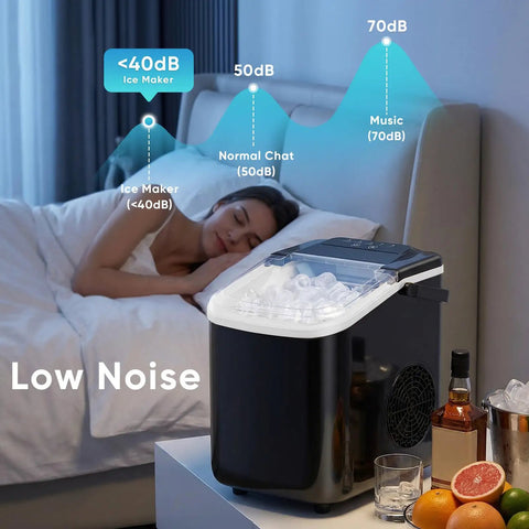 Portable Countertop Ice Maker With Handle Serving Up Fresh Bullet Ice In Under Ten Minutes Delivering Twenty Six Pounds Daily, low noise operation