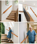 Rock Solid 2 Ft Premium Wood Stair Handrail For Indoor Outdoor Walls installed in various stairways for safe grip.