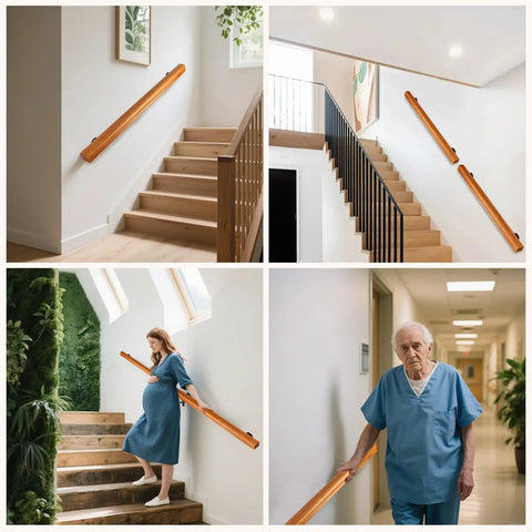 Rock Solid 2 Ft Premium Wood Stair Handrail For Indoor Outdoor Walls installed in various stairways for safe grip.