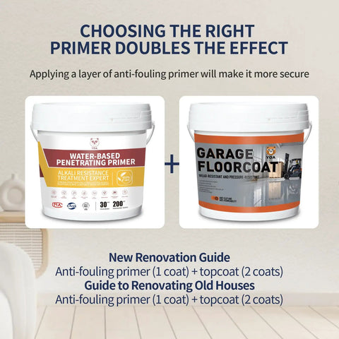 Water-based penetrating primer and garage floor coat containers on a display, emphasizing primer choice for effectiveness.
