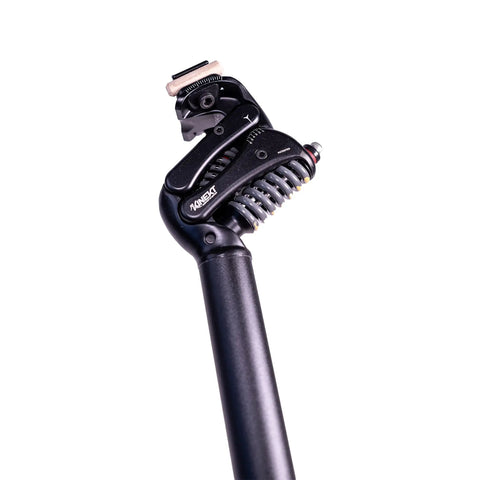 Close-up of XR suspension seatpost for road, gravel and e-bikes with lightweight aluminum build, adjustable springs visible.