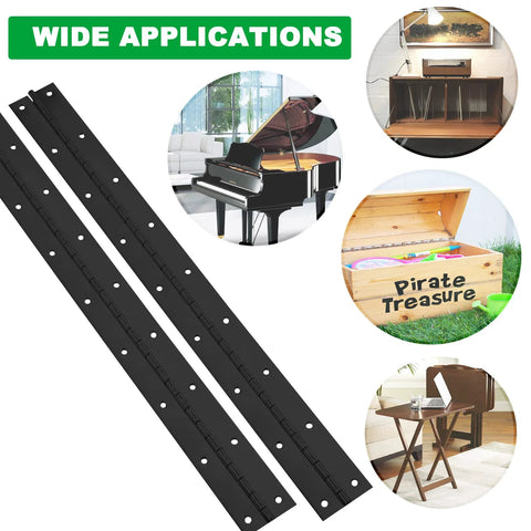 Front view of two black stainless steel piano hinges, 2 in wide by 18 in long, with predrilled holes.