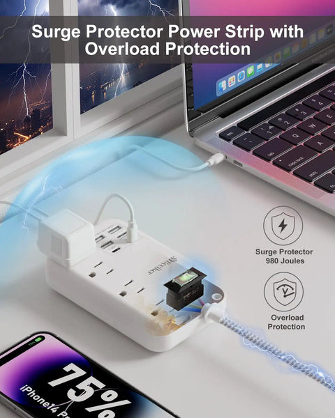 6 USB Travel Power Strip Surge Protector 4 AC Outlets 5 Ft Extension Cord Fast Charging Hub with overload protection.