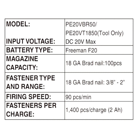 Specifications of 20 Volt Cordless 18-Gauge 2-Inch Brad Nailer Tool Only For Pros And DIYers, including capacity and speed.