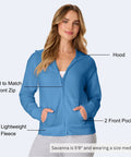 Woman wearing EcoSmart Fleece Zip Up Hoodie For Women Mid Weight Plush Cozy Hooded Sweatshirt Made From American Farm Cotton, front view